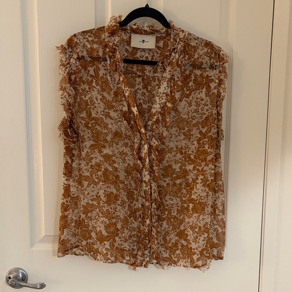 7 For All Mankind Sheer Floral Ruffle-Edge Sleeveless Blouse - Tan White